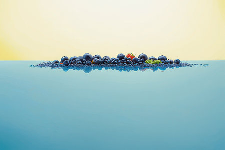 Fruits and berries in blue water on yellow background. 3d illustrationの素材