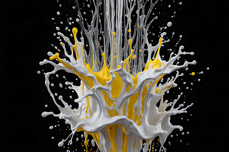 White and yellow paint splashing isolated on black background. 3d renderingの素材