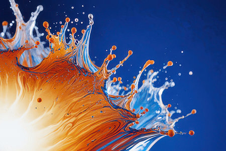 Splash of orange and blue water on blue background. 3d renderingの素材