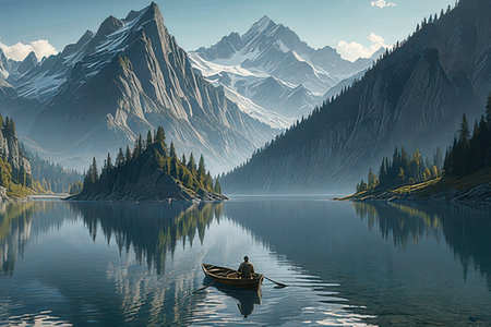 Mountain lake with a fisherman in a boat, 3d renderの素材