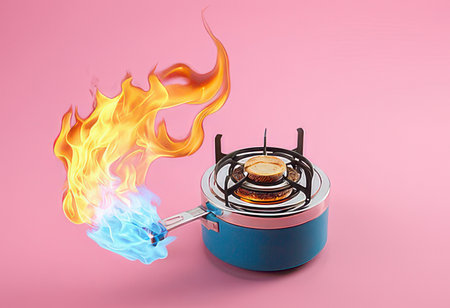 Burning gas stove isolated on a pink background. 3d illustrationの素材
