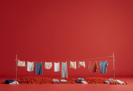 Laundry drying in front of a red wall. 3d renderingの素材
