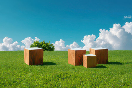 Conceptual image with wooden cubes on green field and blue sky backgroundの素材