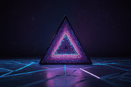 3d rendering of pyramid with neon lights on a dark backgroundの素材