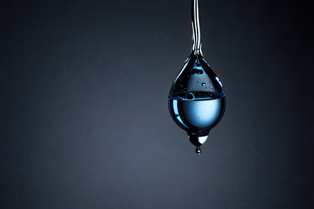 Water drop with blue liquid on dark background. Drop of clean waterの素材