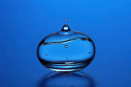 Water drop on blue background. Blue water drop. Water drop in water.の素材