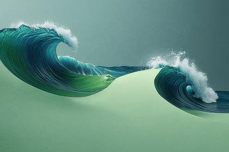 3D illustration of a green wave with some white foam on itの素材