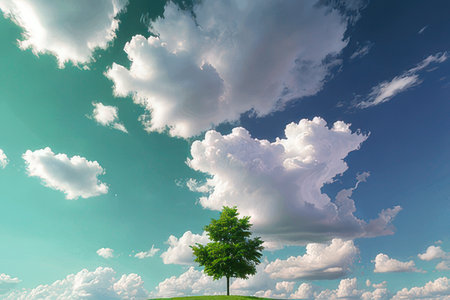 Green tree and blue sky with white clouds. 3D rendering.の素材