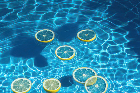 Lemon slices floating in swimming pool with water ripples background.の素材