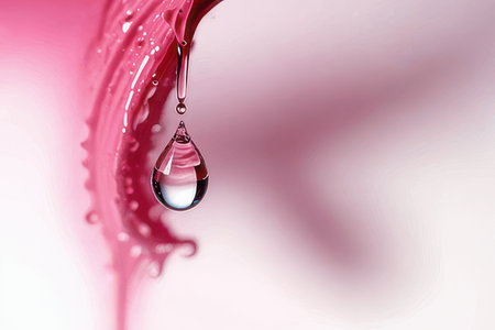 Water drop falling on a pink background. Copy space for your text.の素材