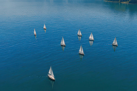 Aerial view of sailboats on the lake at summer day.の素材