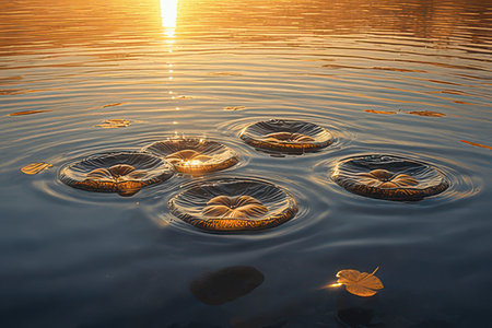 Beautiful sunset on the lake with lotus leaves in waterの素材
