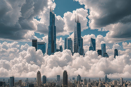 Modern cityscape with skyscrapers and high-rise buildings. Mixed media