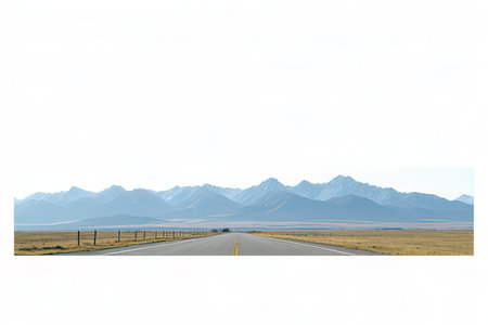Road in the desert with mountains in the distance. Isolated on white backgroundの素材