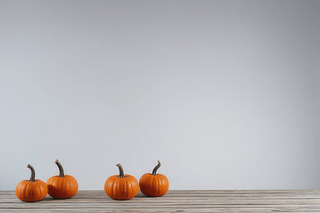 Three orange pumpkins on a wooden table against a gray wall. 3d renderingの素材