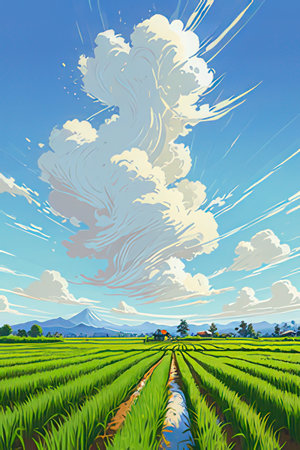 Rice field and sky with clouds. Vector illustration of rice fieldの素材