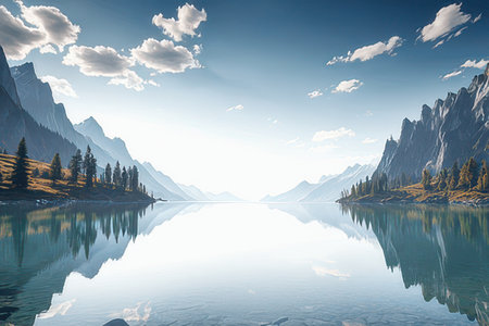 Fantastic mountain landscape with lake and sky reflected in water.の素材