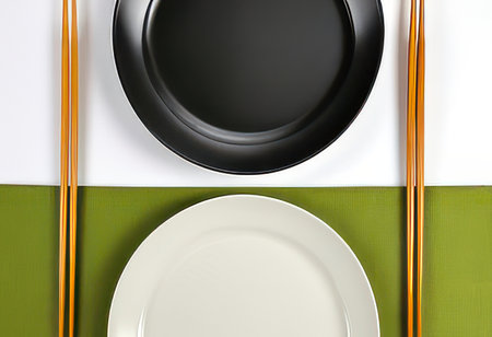 Top view of two plates and chopsticks on green tablecloth.の素材