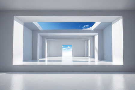 Empty room with blue sky and white clouds. 3D Renderingの素材