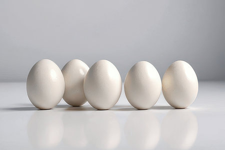 Five white eggs on a light background. The concept of individuality.の素材