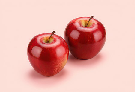 Two red apples on a pink background. 3d render illustration.の素材