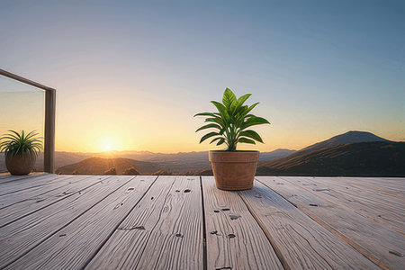 Beautiful terrace with a view of the mountains at sunset.の素材
