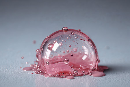 Pink bubble with water drops on gray background. 3d rendering.の素材