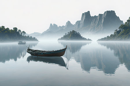 Fishing boat on the lake in the mist, 3d renderの素材