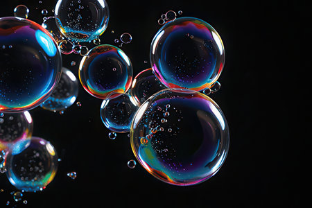 Colorful soap bubbles on black background, close-up view.の素材