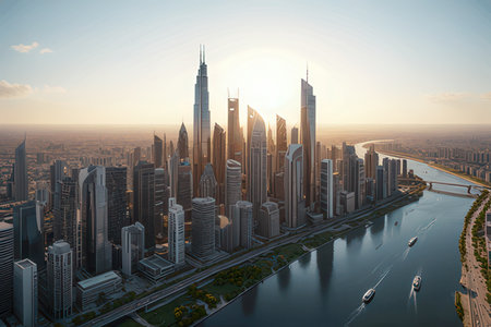Dubai skyline at sunset, United Arab Emirates. Aerial view.の素材