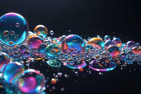 Colorful soap bubbles with reflection on water surface. Abstract background.の素材