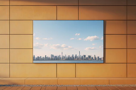 Empty billboard on yellow wall with city view. Mock up, 3D Renderingのeditorial素材