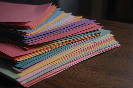 Stack of colorful sticky notes on a wooden table. Selective focus.の素材