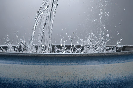 Water splashing from a blue pot on a gray background with copy spaceの素材