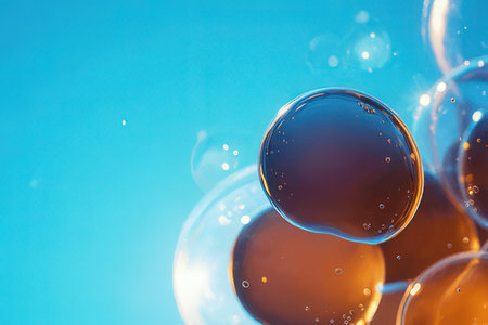 Oil bubbles in water on a blue background. Close-up.の素材