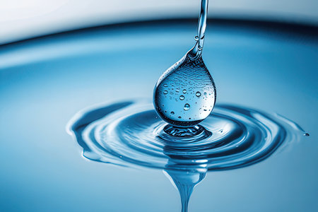 Falling drops of water. Splash effect after collision a falling drops with water Surfaceの素材