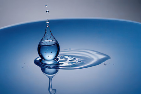Water drop collision on a blue background. Splash effect after collision a falling drops with water Surfaceの素材