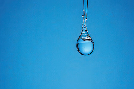 Drop of water on a blue background. Copy space for text.の素材