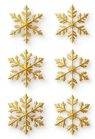 Golden snowflakes isolated on white background. 3D illustration.の素材
