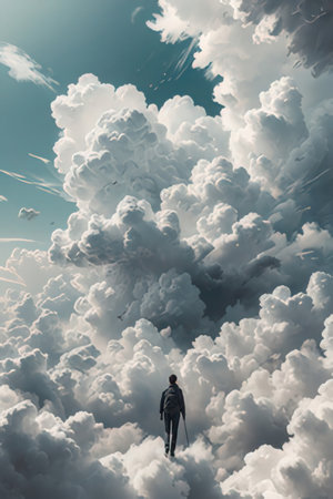 Businessman standing on top of a cloud and looking at the futureの素材