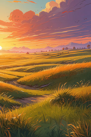 Illustration of rice field at sunset time. Landscape of rice field.の素材
