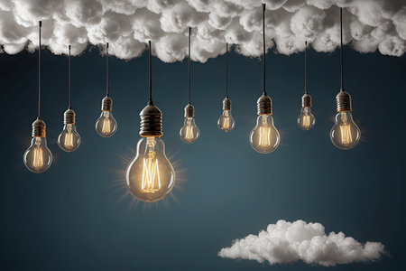 Light bulbs and clouds on dark blue background. Idea concept. 3D Renderingの素材