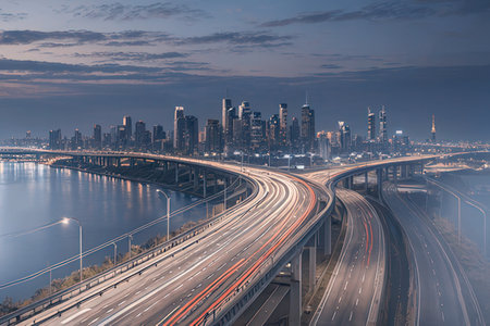 urban traffic with cityscape and bridge in shanghai china.
