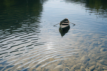 Fishing boat on the lake with reflection in water, summer timeの素材