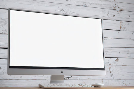 Computer monitor with white screen and keyboard on wooden table. Mock upの素材