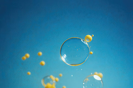 Soap bubbles on a blue background. The concept of cleanliness and hygiene.の素材