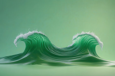 3D illustration of a green wave with white foam on a green backgroundの素材