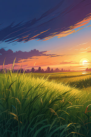 Sunset over the rice field. Nature background. Vector illustration.の素材