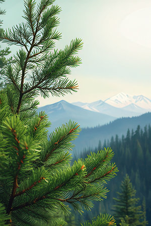 Fir branches in the mountains. Winter landscape with coniferous trees.の素材
