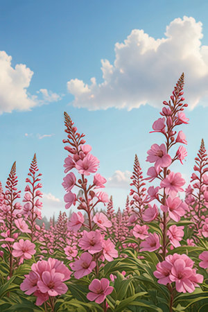 Pink flowers and blue sky with white clouds. 3D illustration.の素材